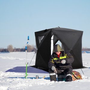 Outsunny 2 Person Ice Fishing Shelter, Pop-up Ice Fishing Tent, Ice Shanty, Portable and Insulated, with 2 Doors and Carrying Bag, Black