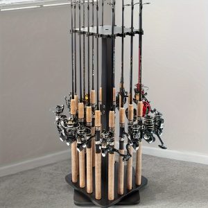 Ghosthorn Solid Wood Fishing Rod Rack with Thicken Wood Post, Black Bracket Shelf - Holds 16 Rods for Freshwater, Telescopic, Trolling & Inshore Saltwater Rods, Ideal for Valentine's Day, Christmas, Halloween, Father's Day